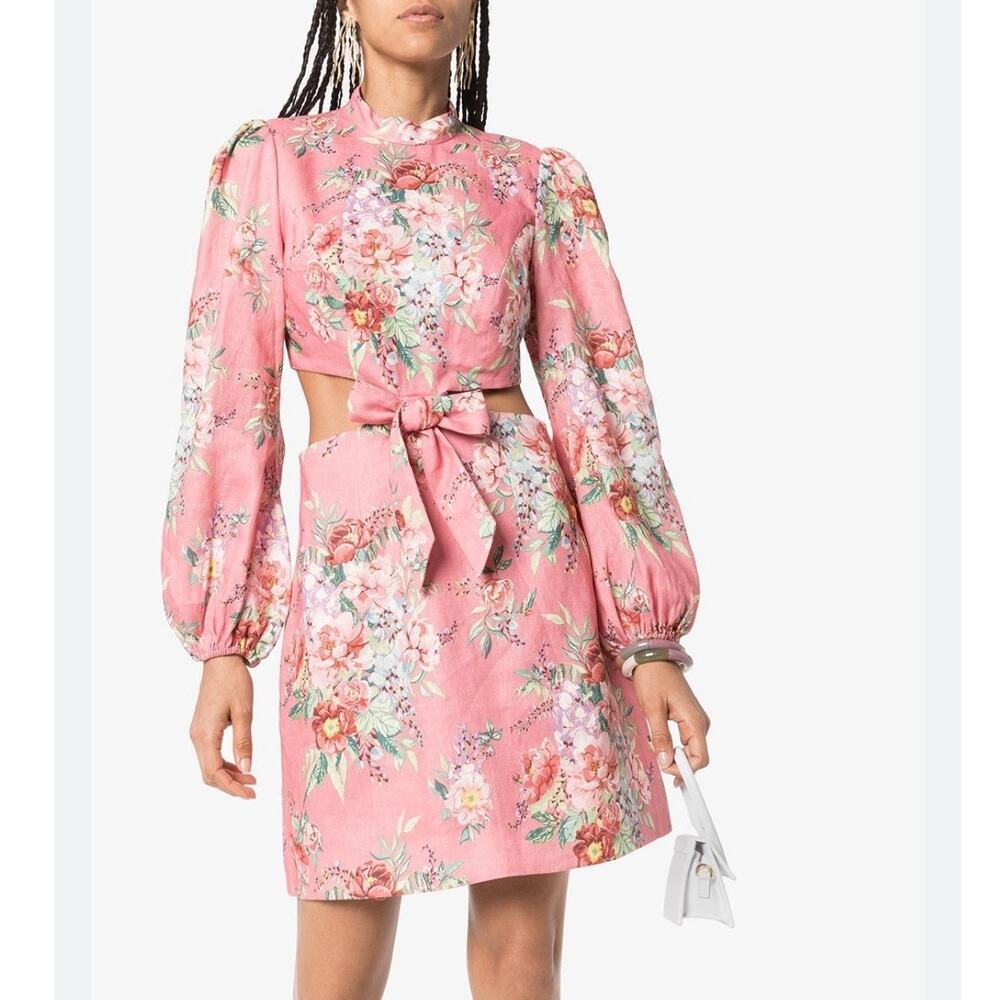 Zimmermann Bellitude Bow Front Pink Floral Linen Mini Dress Size 3/US 10